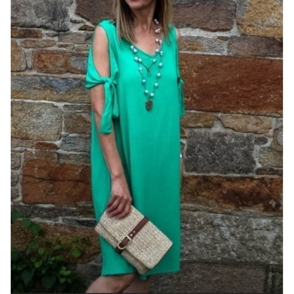 SOFT SURROUNDINGS WOMAN SIZE L GREEN CRINKLED A LINE MIDI DRESS COLD SHOULDER - Picture 2 of 15